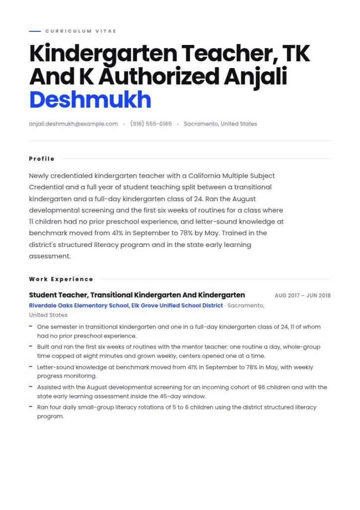 Kindergarten Teacher Resume Examples & Templates