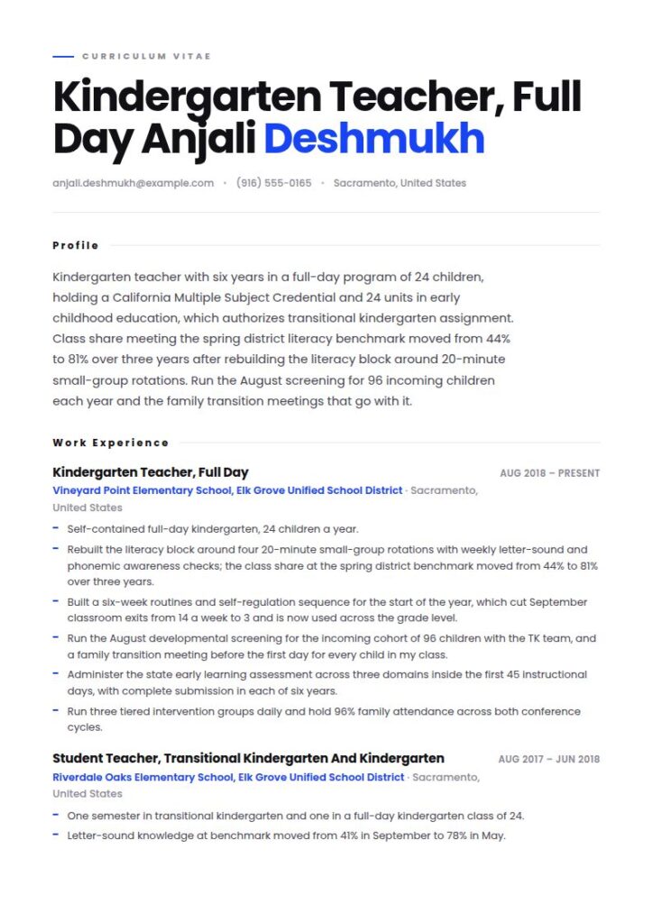 Kindergarten Teacher Resume Examples & Templates