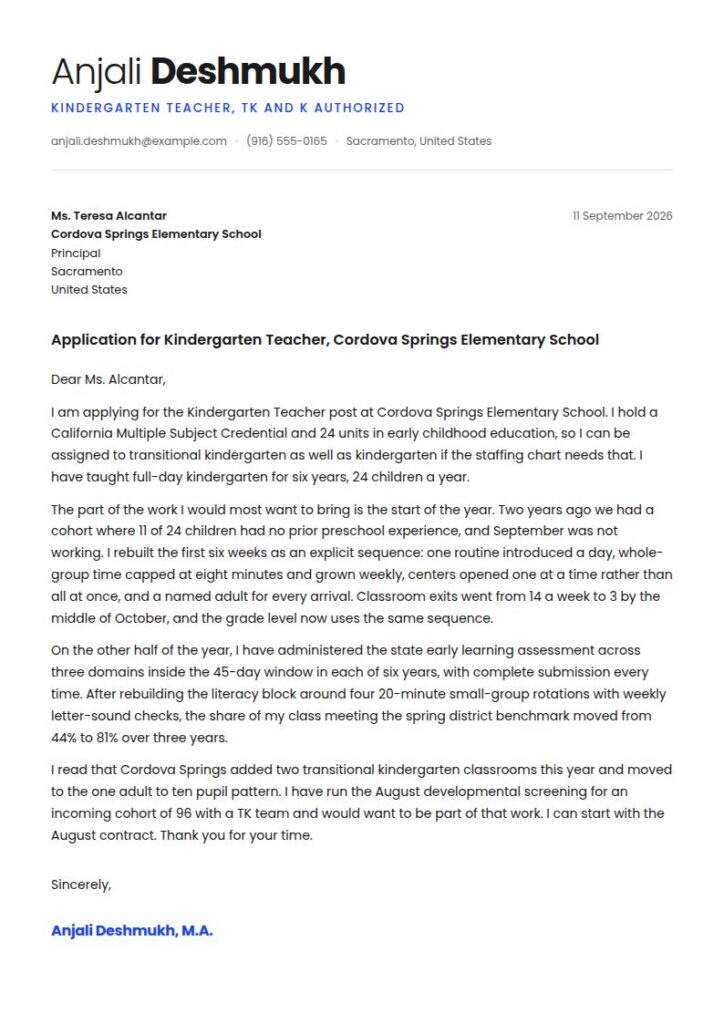 Kindergarten Teacher Cover Letter Examples & Templates