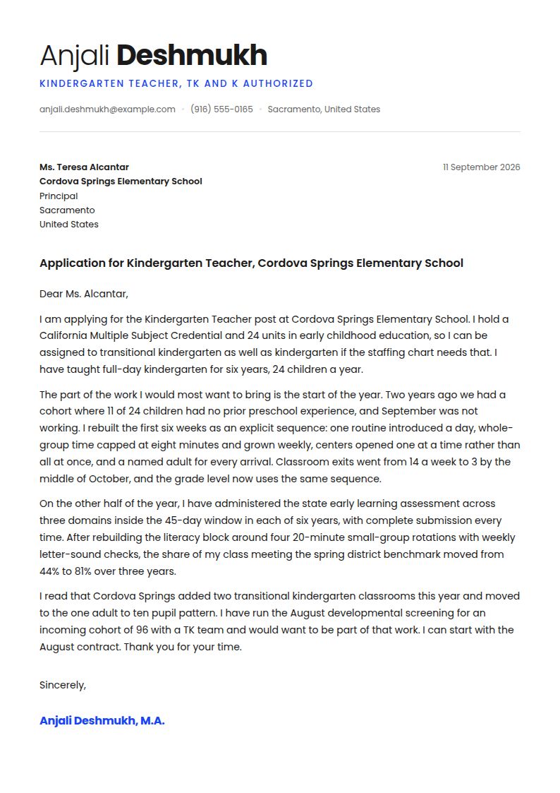 Kindergarten Teacher Cover Letter Examples & Templates