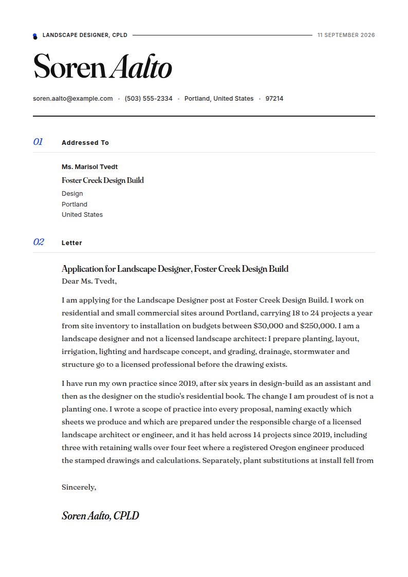 Landscape Designer Cover Letter Examples & Templates