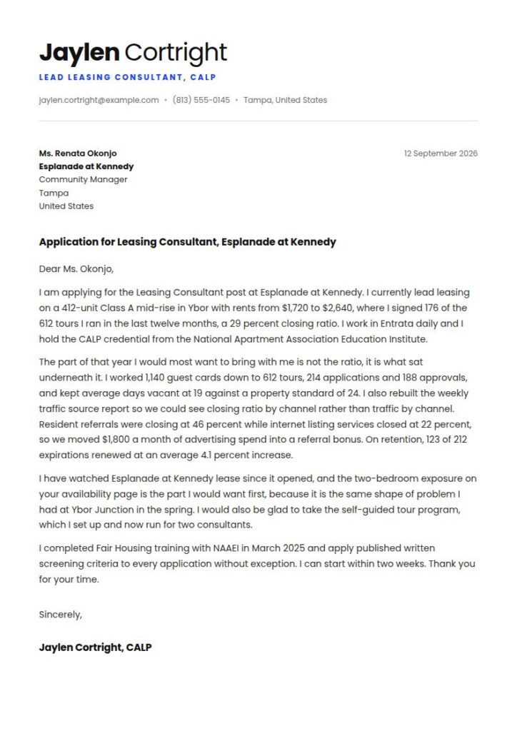 Leasing Consultant Cover Letter Examples & Templates