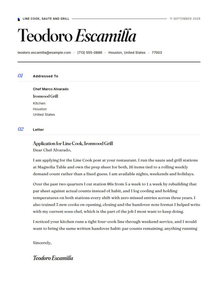 Line Cook Cover Letter Examples & Templates