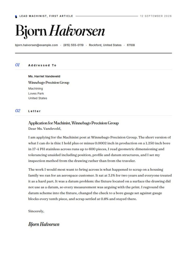 Machinist Cover Letter Examples & Templates