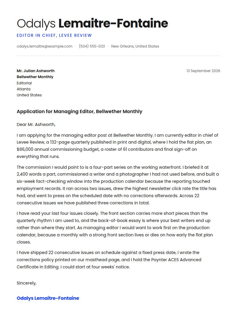 Magazine Editor Cover Letter Examples & Templates