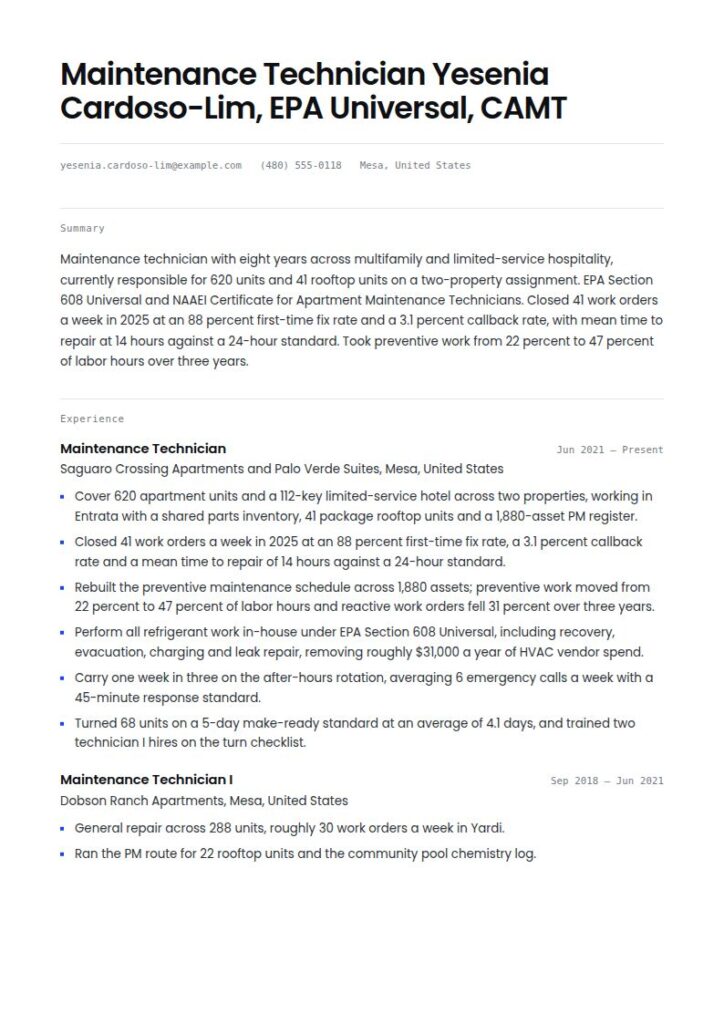 Maintenance Technician Resume Examples & Templates