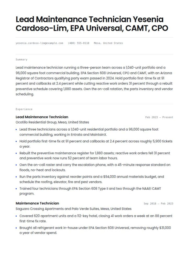 Maintenance Technician Resume Examples & Templates