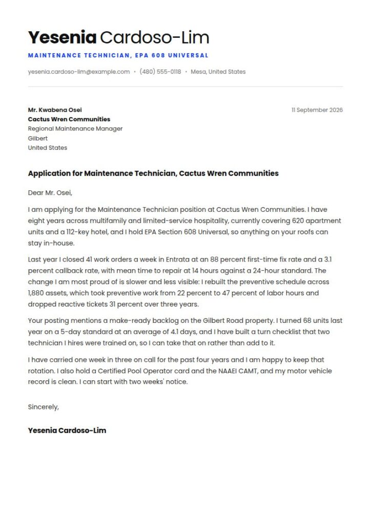 Maintenance Technician Cover Letter Example & Templates
