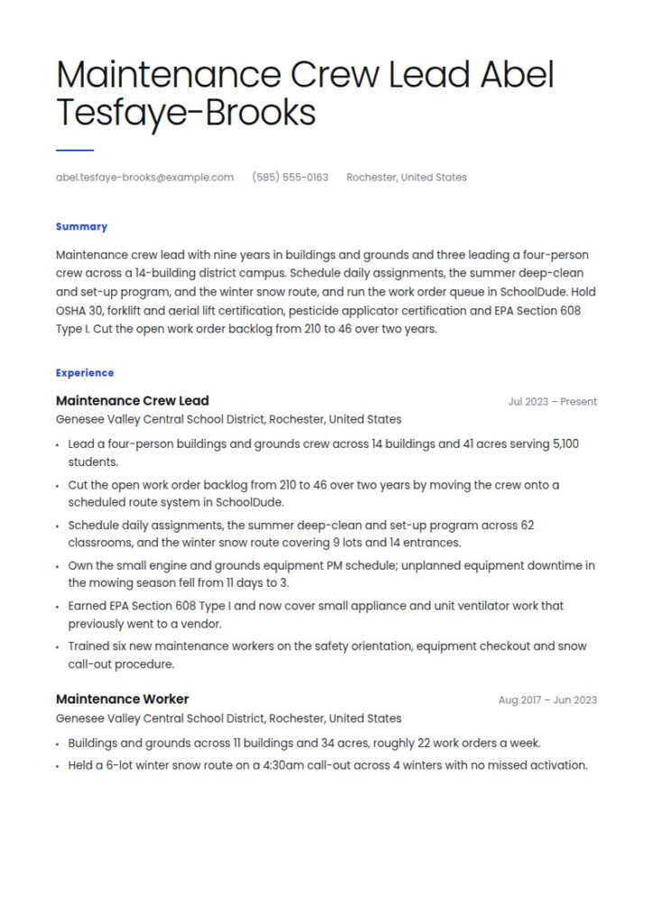 Maintenance Worker Resume Examples & Templates