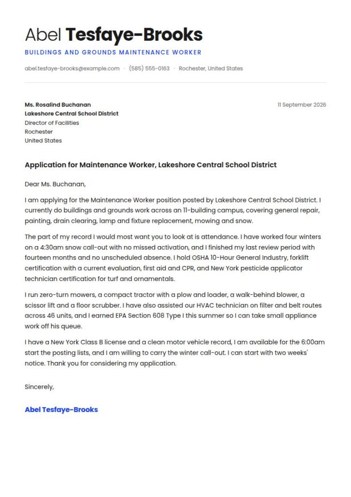 Maintenance Worker Cover Letter Example & Templates