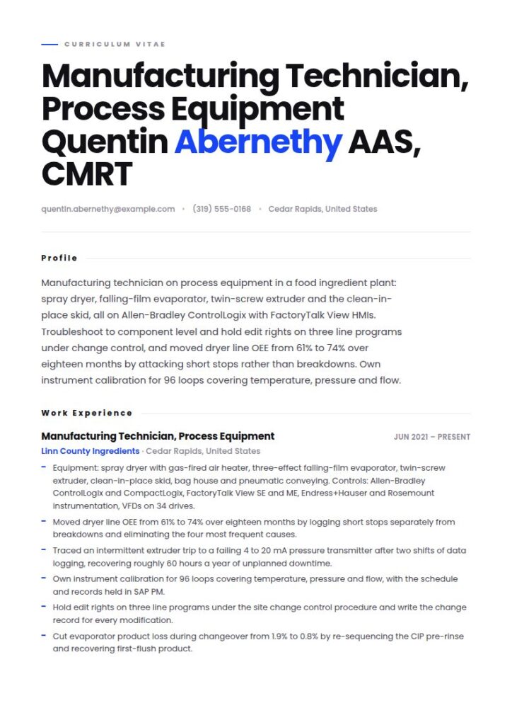 Manufacturing Technician Resume Examples & Templates