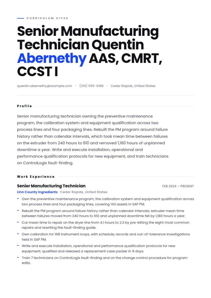 Manufacturing Technician Resume Examples & Templates