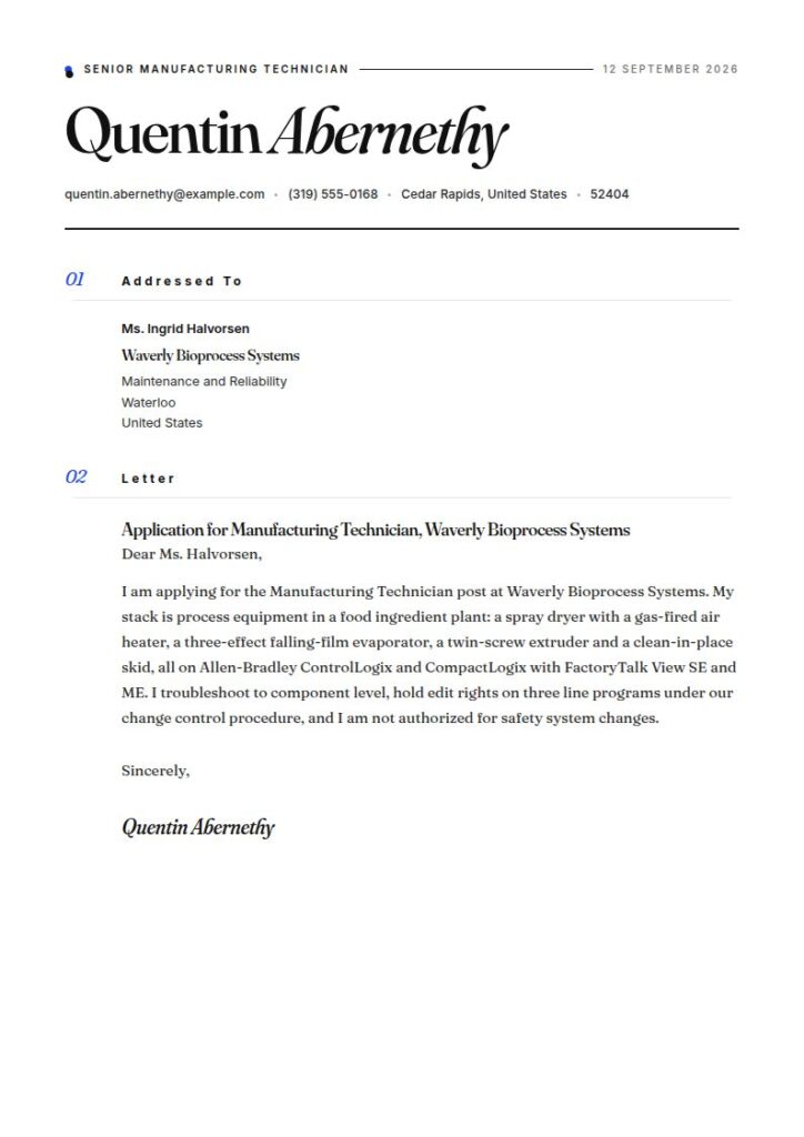 Manufacturing Technician Cover Letter Examples & Templates