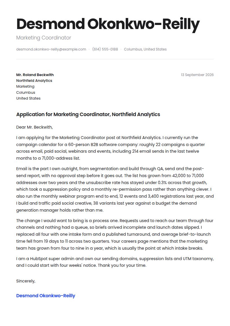 Marketing Coordinator Cover Letter Examples & Templates