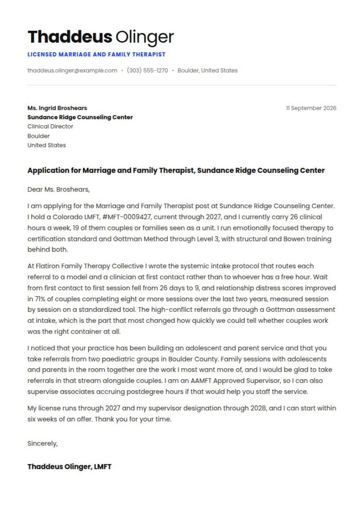 Marriage and Family Therapist Cover Letter Examples & Templates