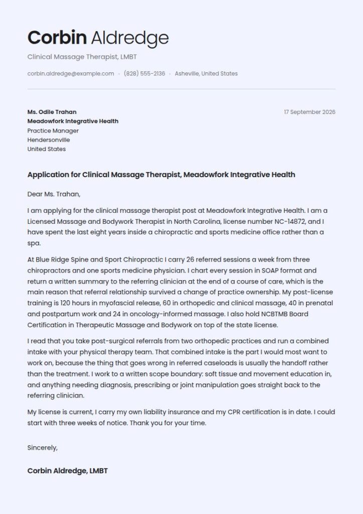 Massage Therapist Cover Letter Examples & Templates