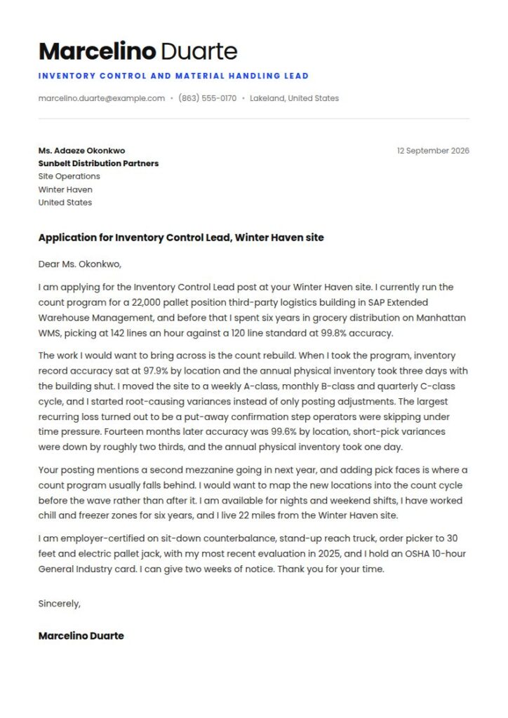 Material Handler Cover Letter Examples & Templates