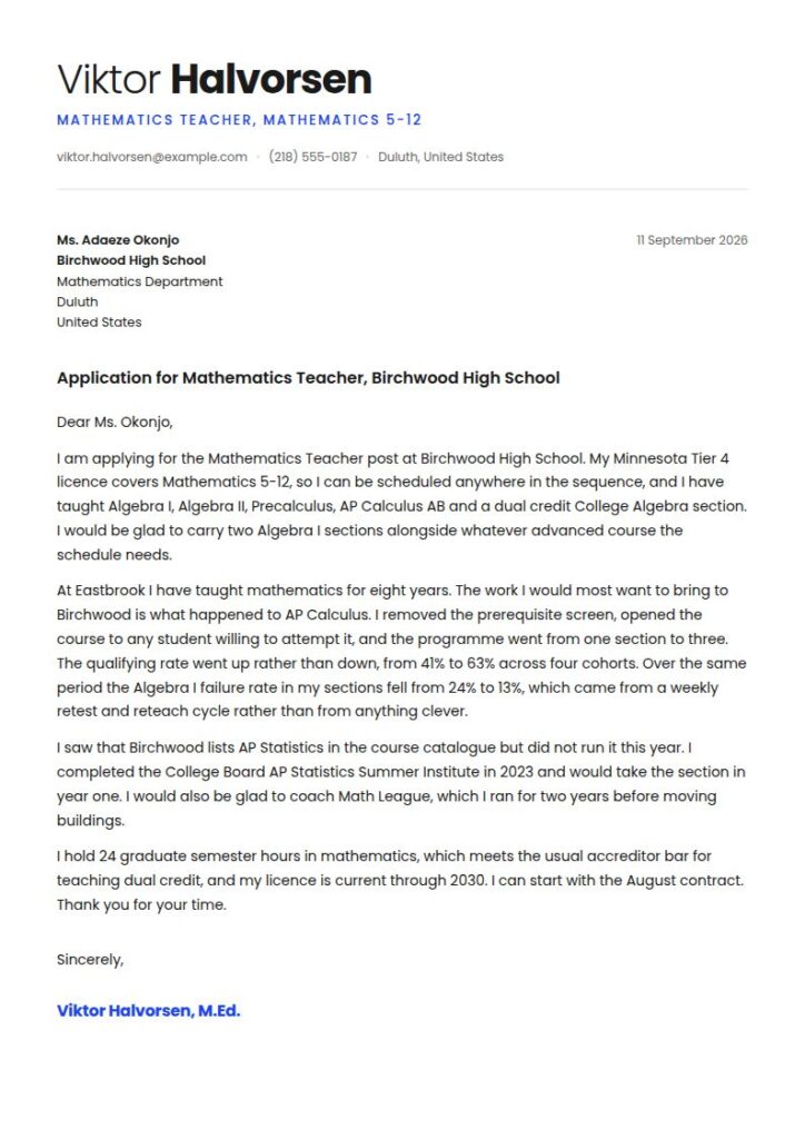 Math Teacher Cover Letter Examples & Templates