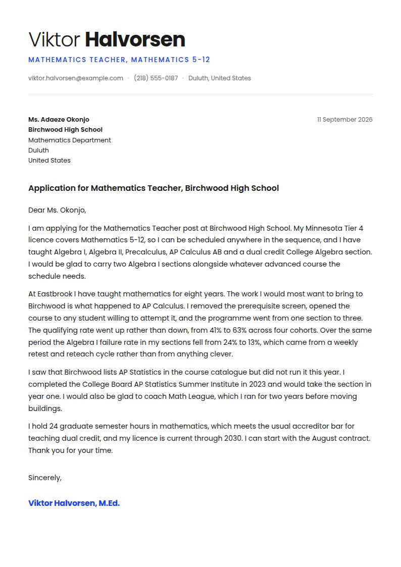 Math Teacher Cover Letter Examples & Templates