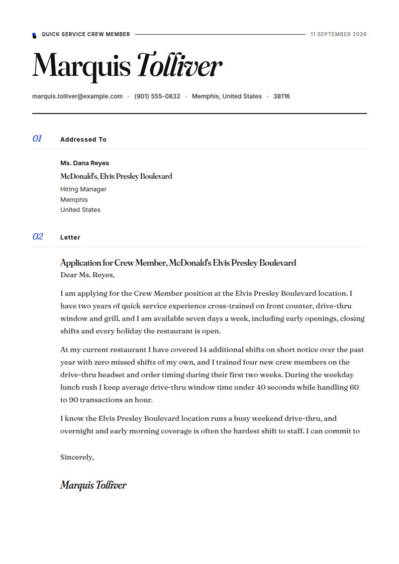 McDonald’s Cover Letter Examples & Templates