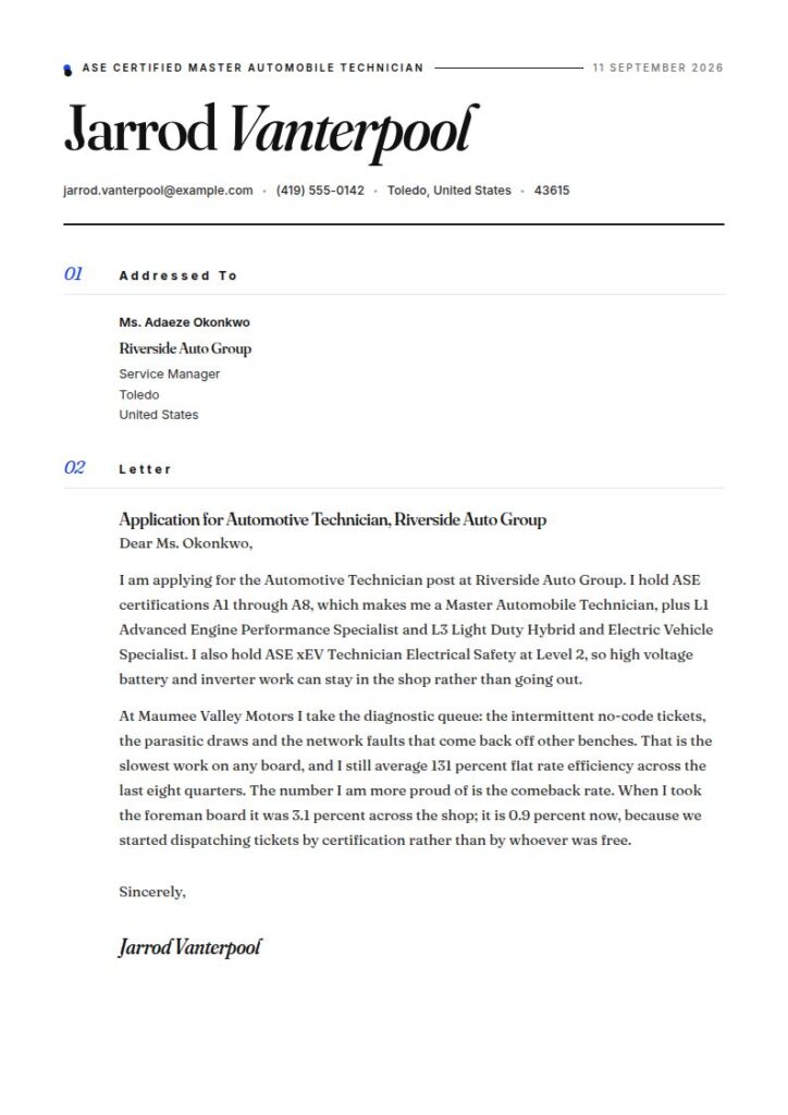 Mechanic Cover Letter Examples & Templates