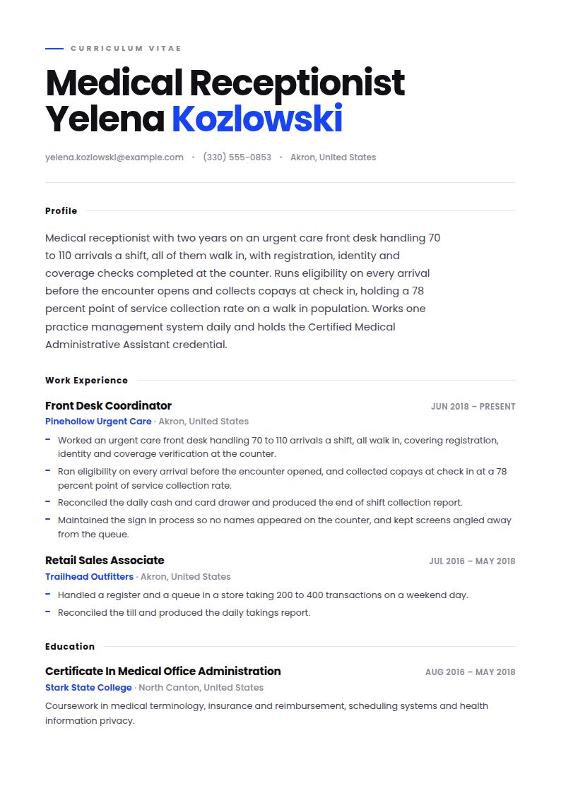 Medical Receptionist Resume Examples & Templates