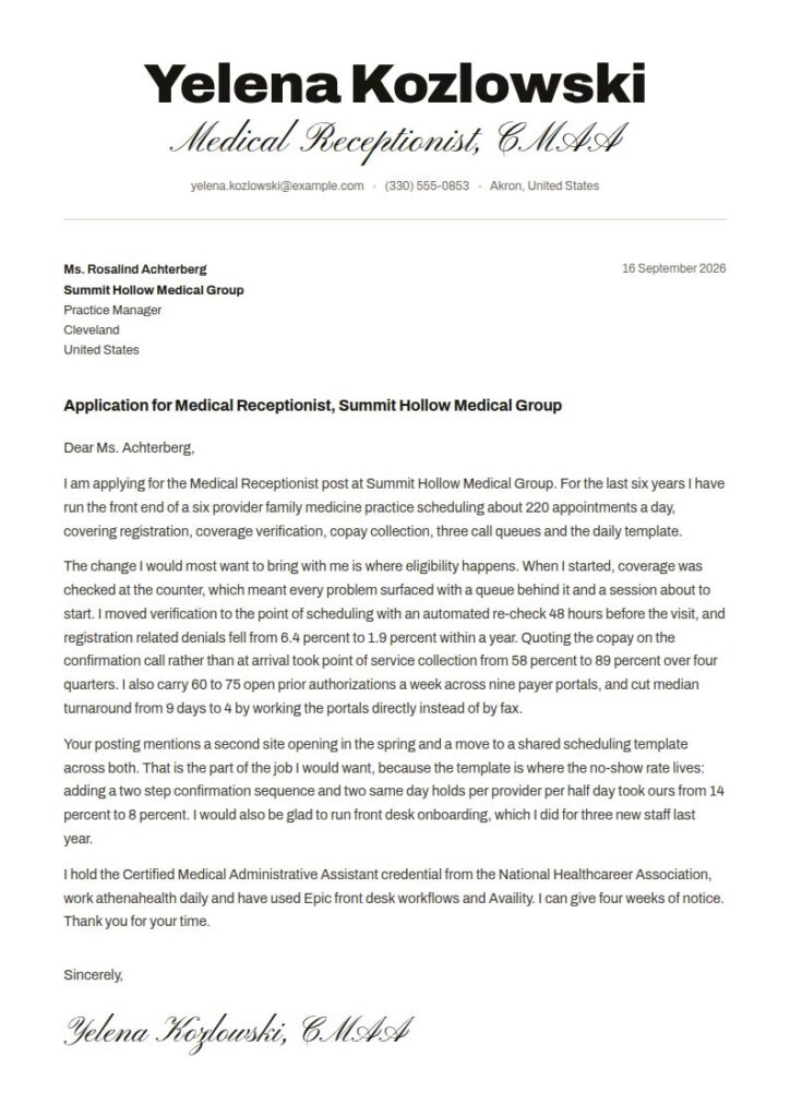 Medical Receptionist Cover Letter Examples & Templates