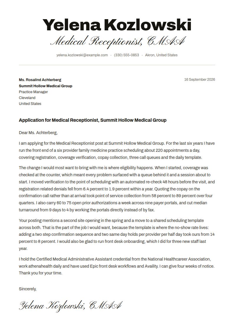 Medical Receptionist Cover Letter Examples & Templates