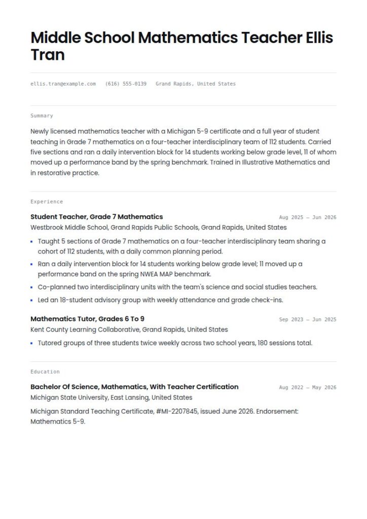 Middle School Teacher Resume Examples & Templates
