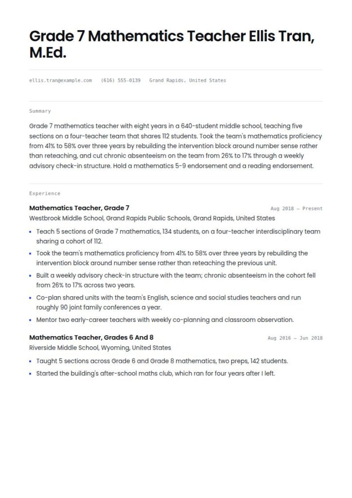 Middle School Teacher Resume Examples & Templates
