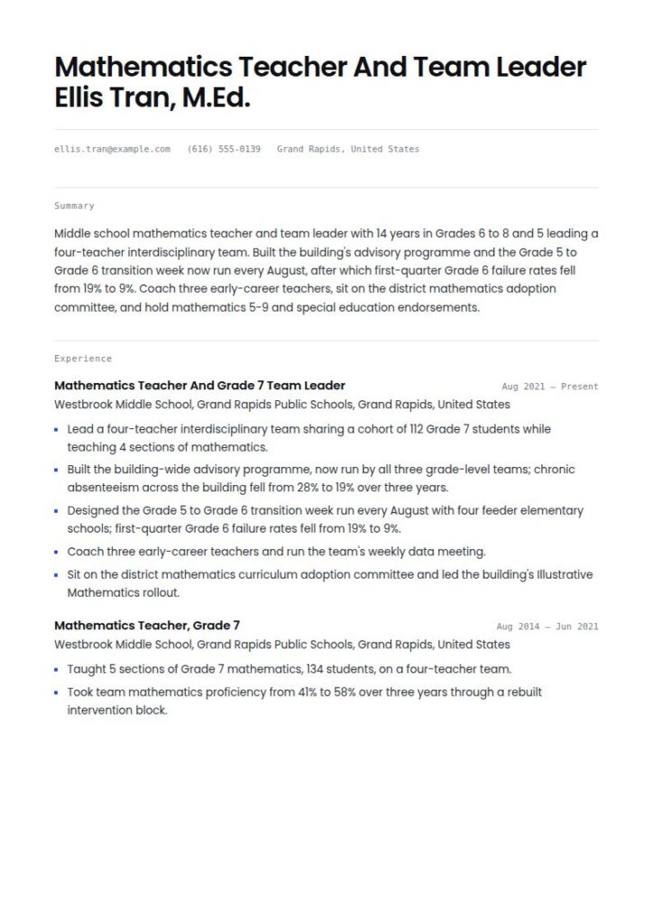 Middle School Teacher Resume Examples & Templates