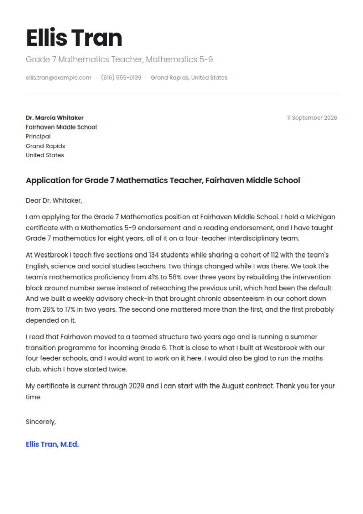 Middle School Teacher Cover Letter Examples & Templates