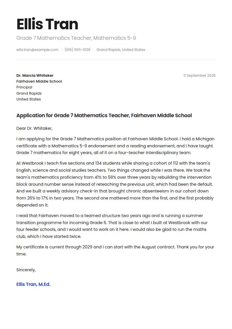 Middle School Teacher Cover Letter Examples & Templates