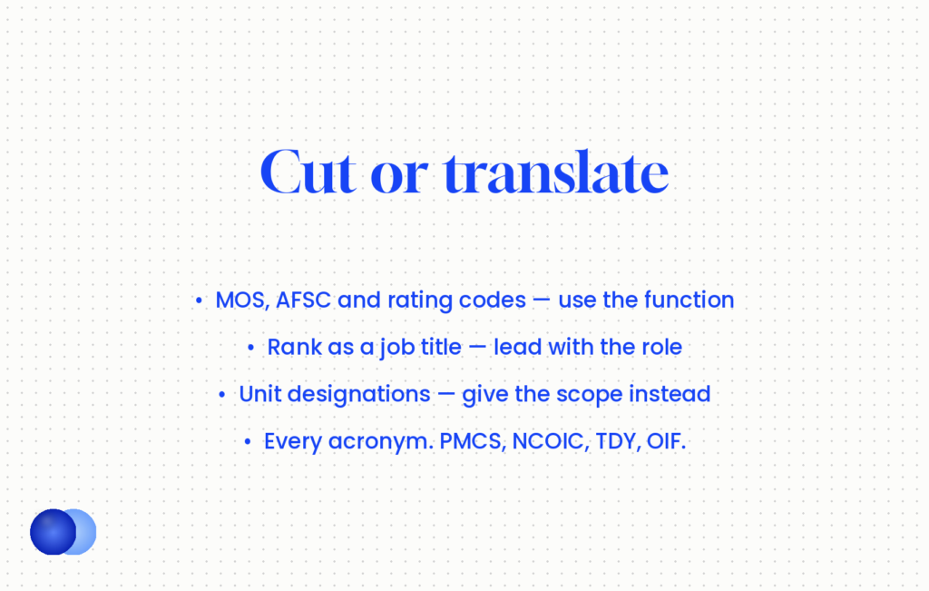 What to cut or translate on a military to civilian resume