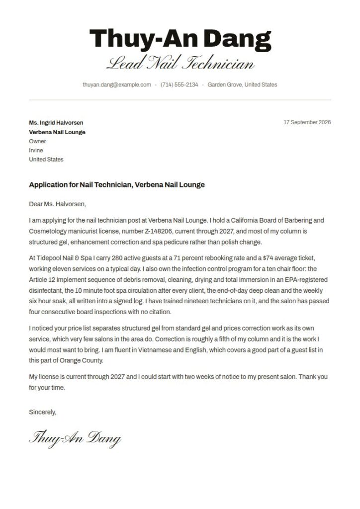 Nail Technician Cover Letter Examples & Templates