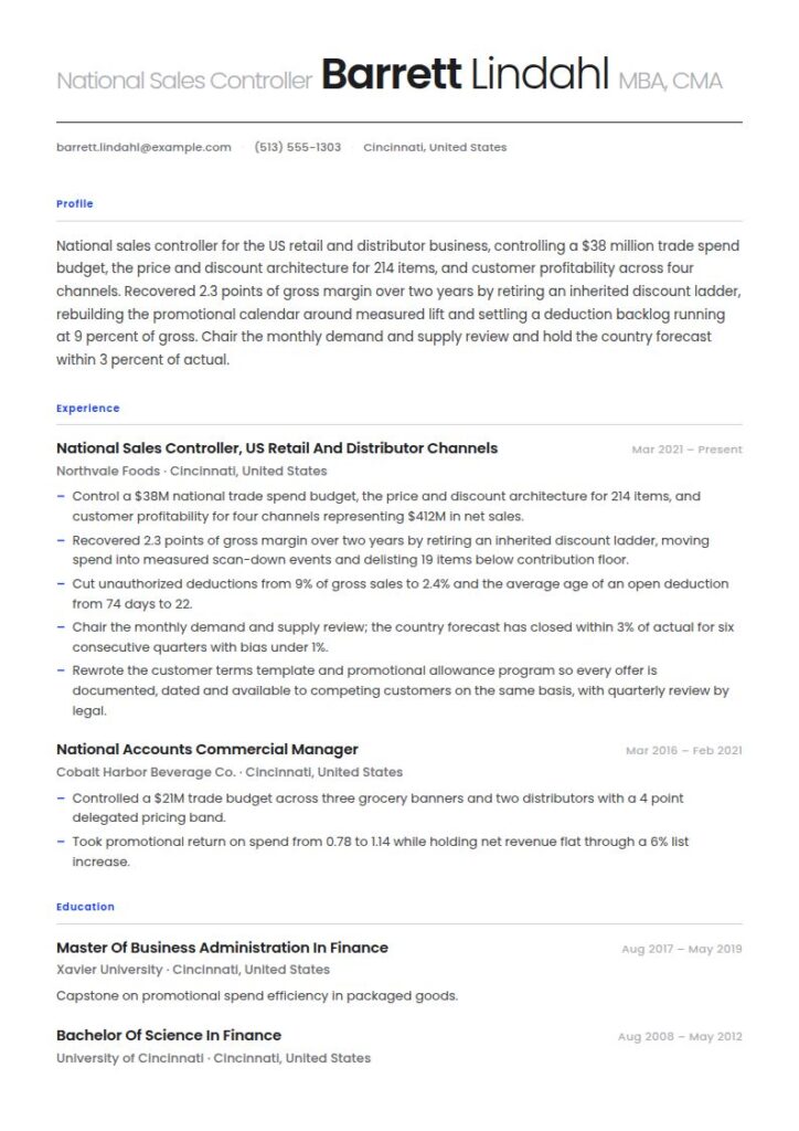 National Sales Controller Resume Examples & Templates