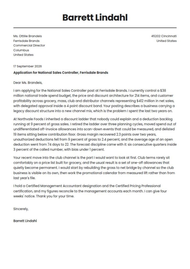 National Sales Controller Cover Letter Examples & Templates