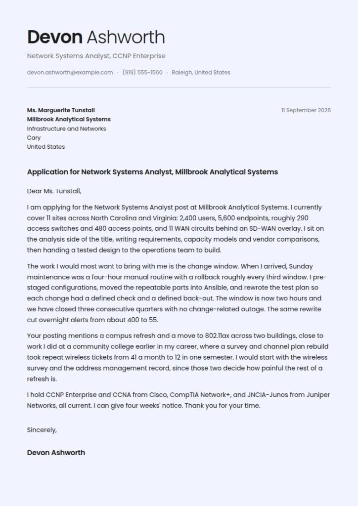 Network Systems Analyst Cover Letter Examples & Templates