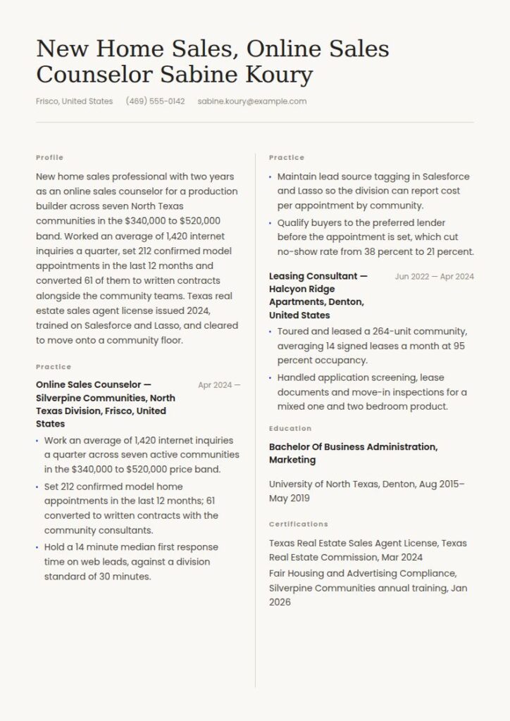 New Home Sales Consultant Resume Examples & Templates