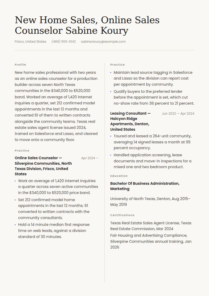 New Home Sales Consultant Resume Examples & Templates