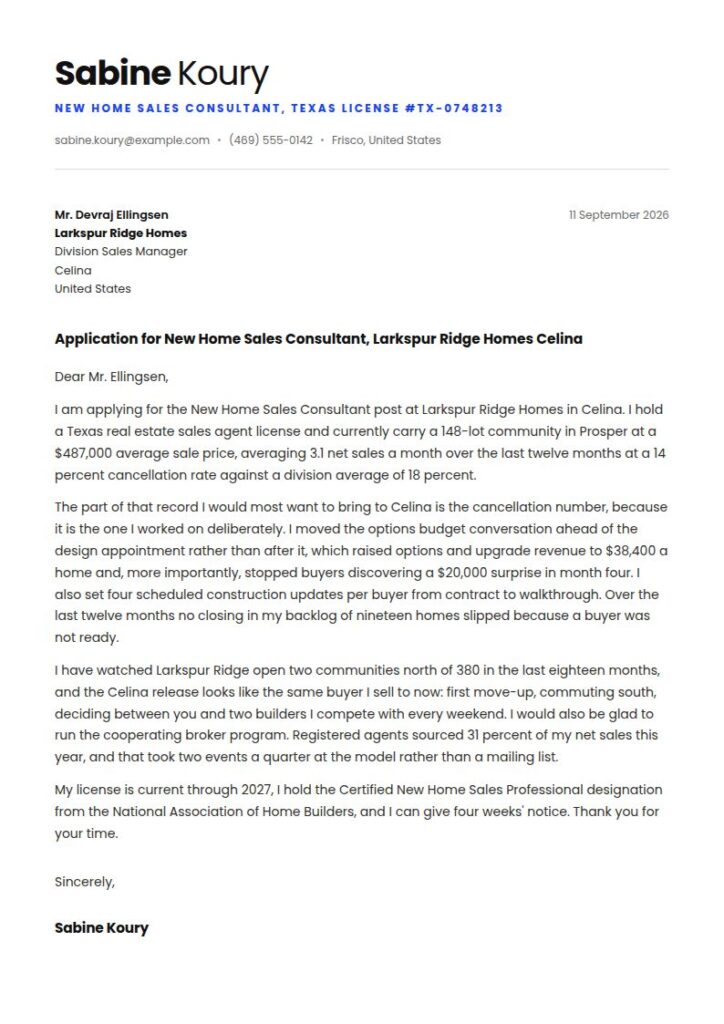 New Home Sales Consultant Cover Letter Examples & Templates
