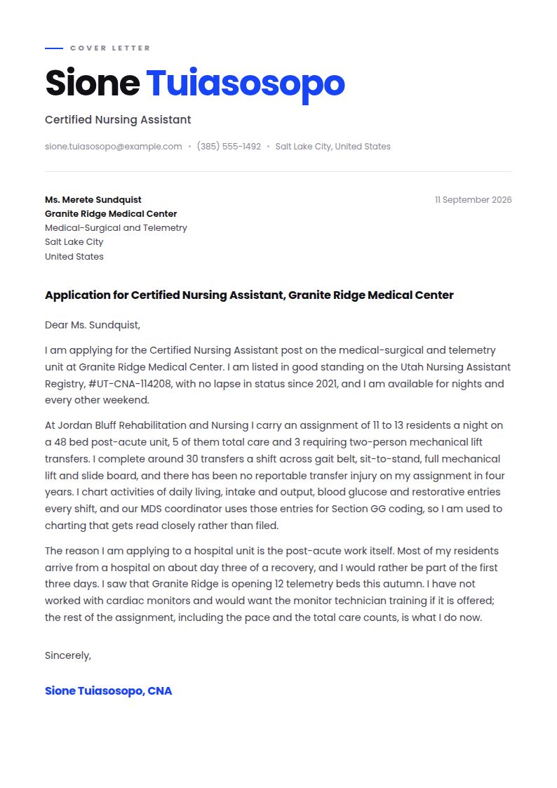 Nursing Assistant Cover Letter Examples & Templates