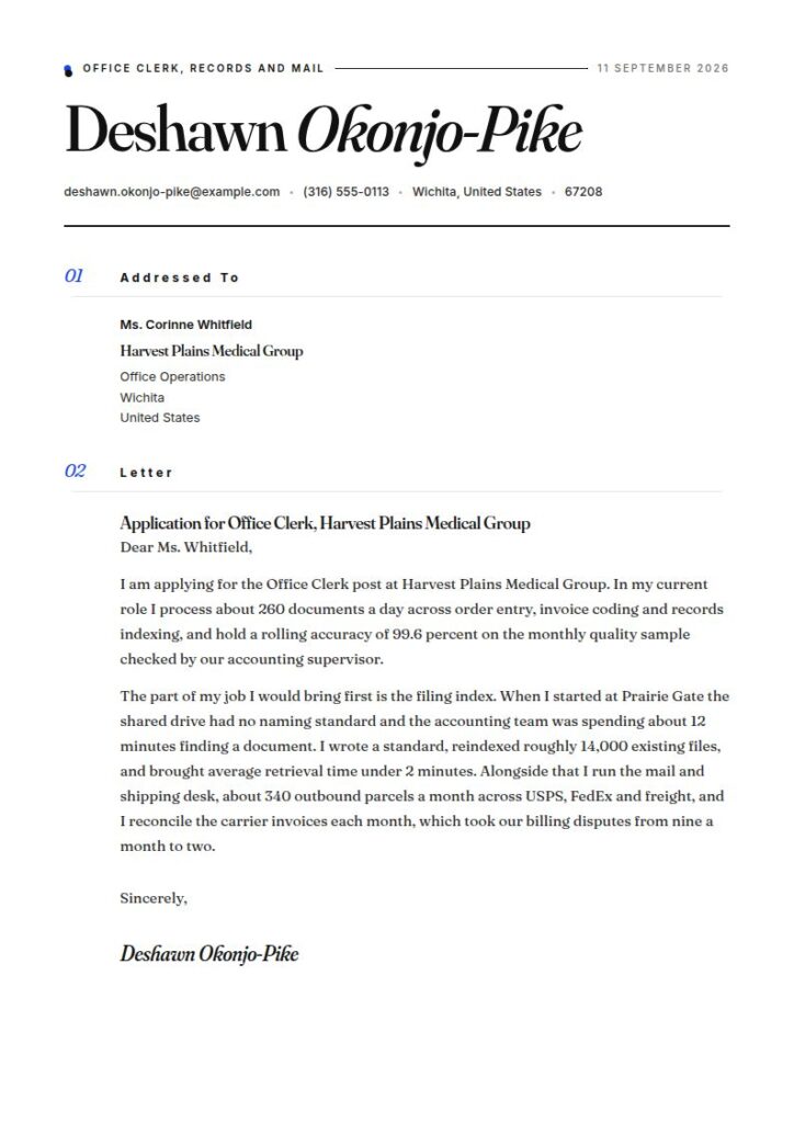 Office Clerk Cover Letter Examples & Templates