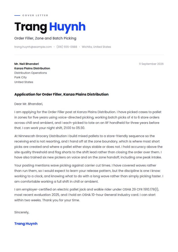 Order Filler Cover Letter Examples & Templates