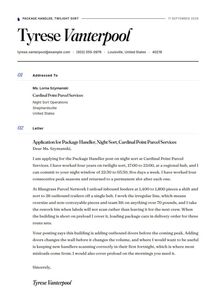 Package Handler Cover Letter Examples & Templates