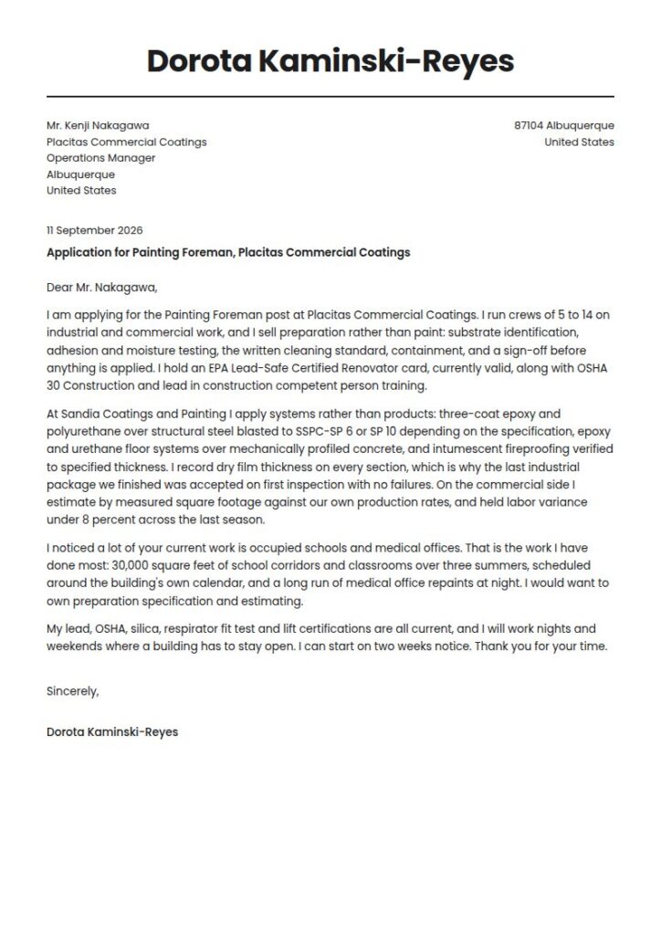 Painter Cover Letter Examples & Templates