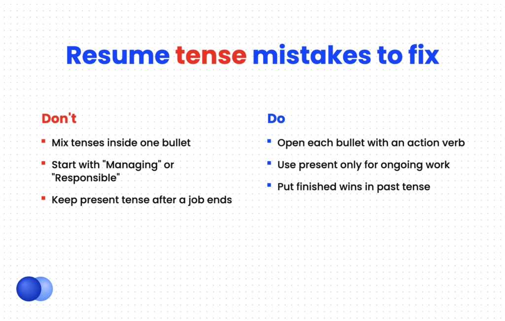 Do and don't comparison for using past or present tense on a resume