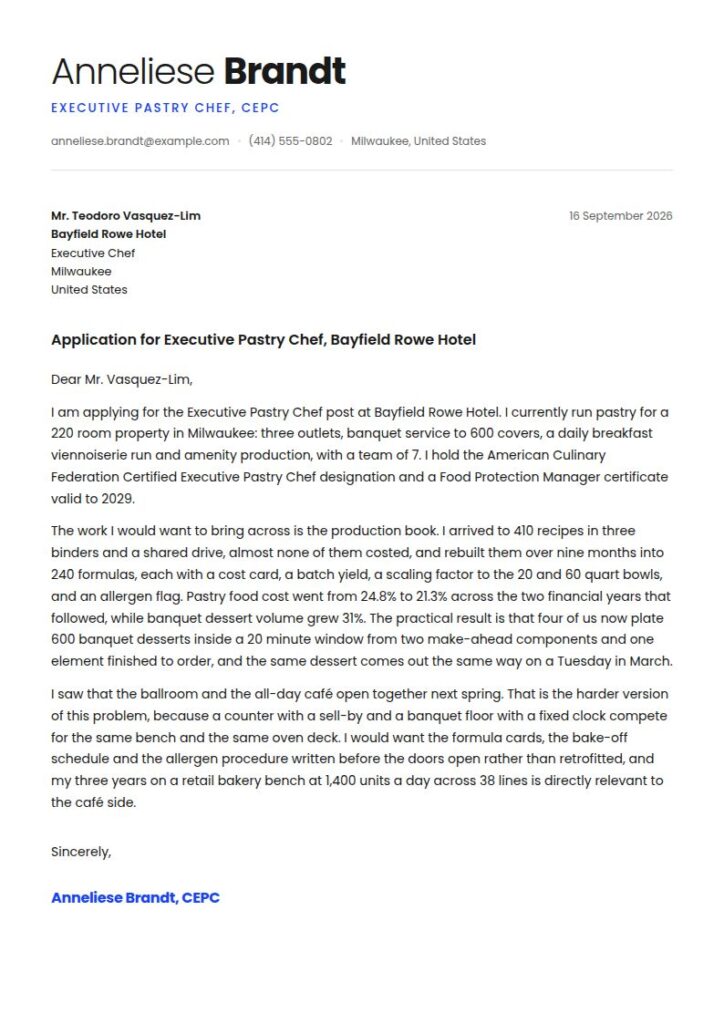 Pastry Chef Cover Letter Examples & Templates