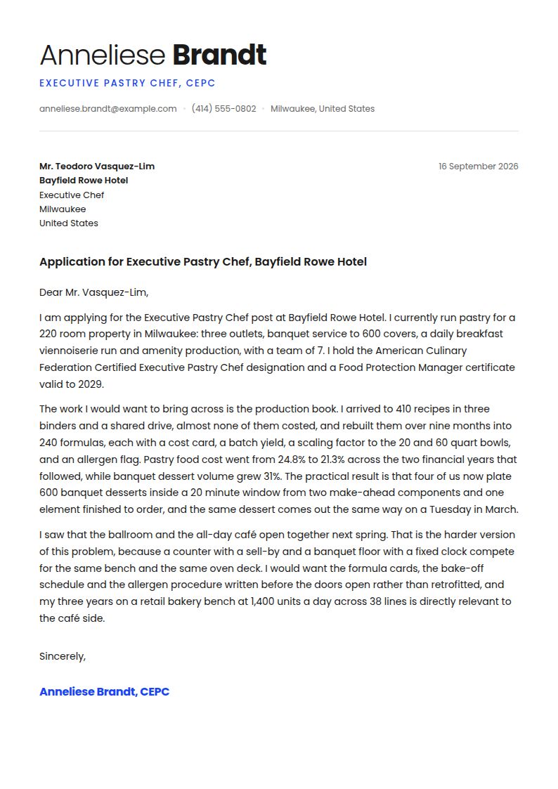 Pastry Chef Cover Letter Examples & Templates