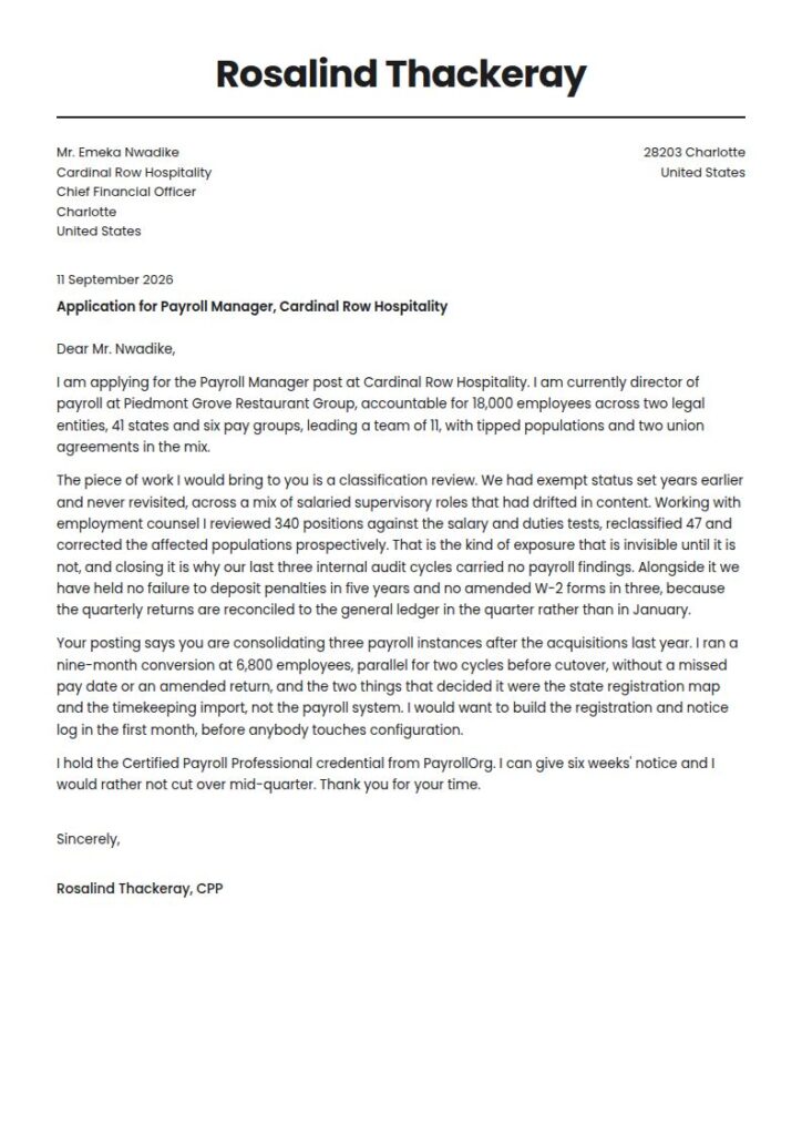 Payroll Manager Cover Letter Examples & Templates